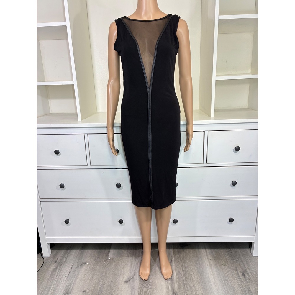 Black Bead Sheer Mesh Plunge V-Back Bodycon Midi Dress Black Womens Small